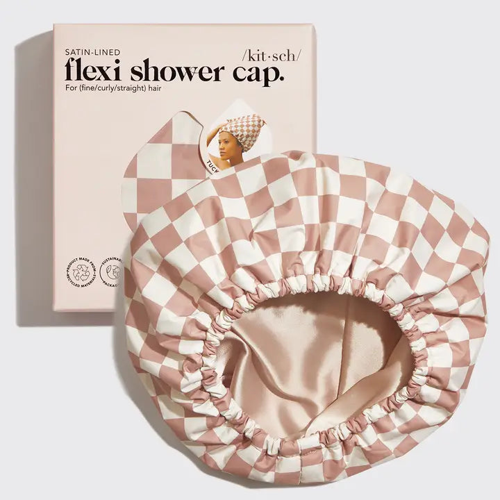 Satin Lined Shower Cap Terracotta Checker