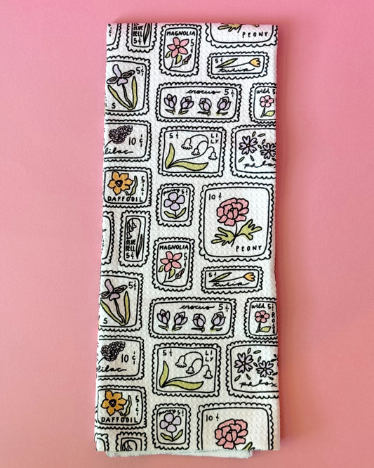 Floral Postage Stamps Tea Towel