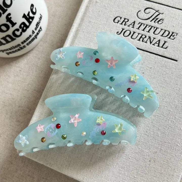 Blue Starfish Rhinestones Acetate Hair Clip