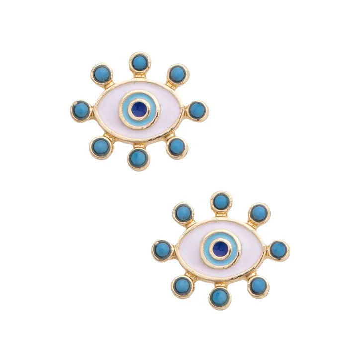 Turquoise Studded Evil Eye Studs in Shiny Gold