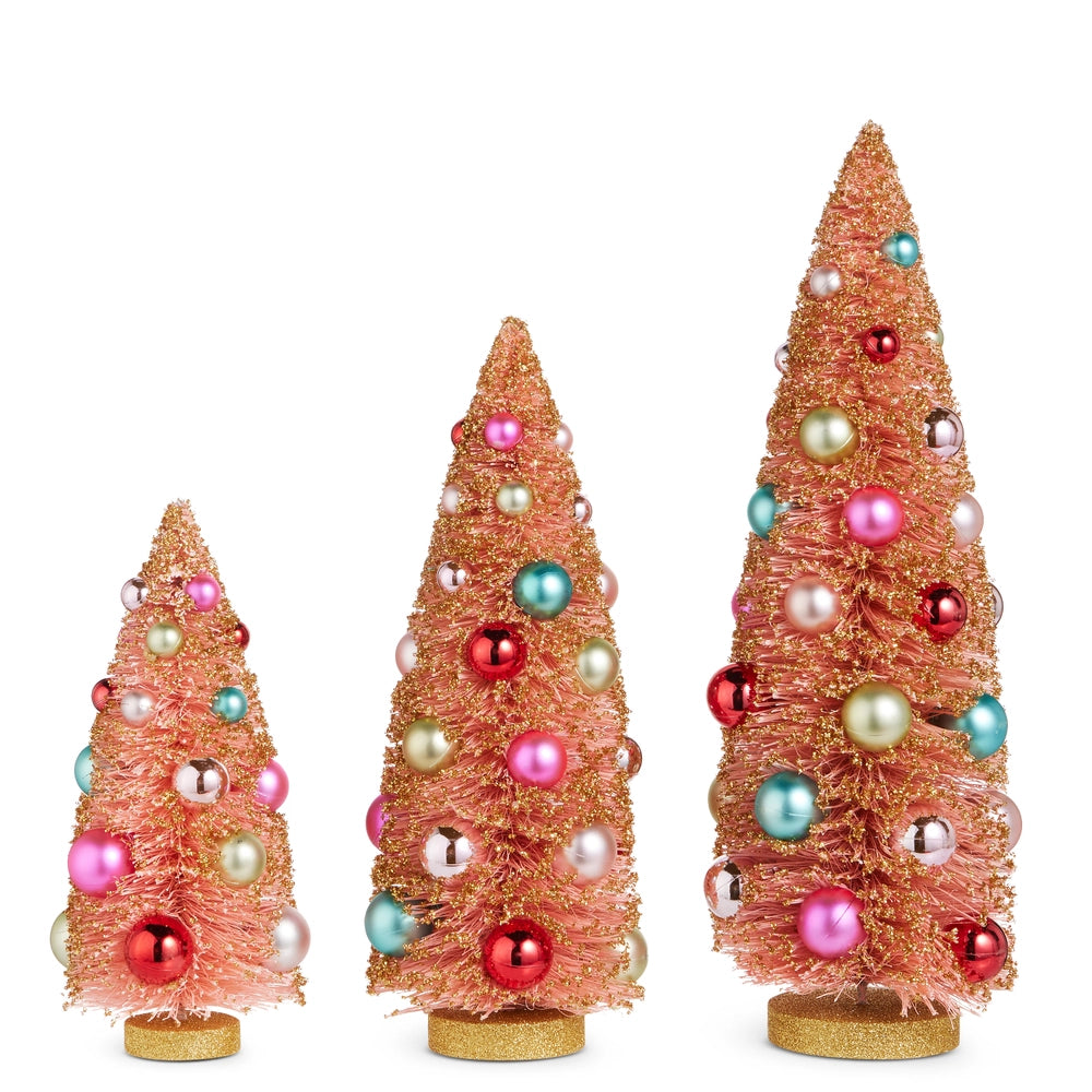 15" Pink Bottle Brush Tree Set with Gold Glitter