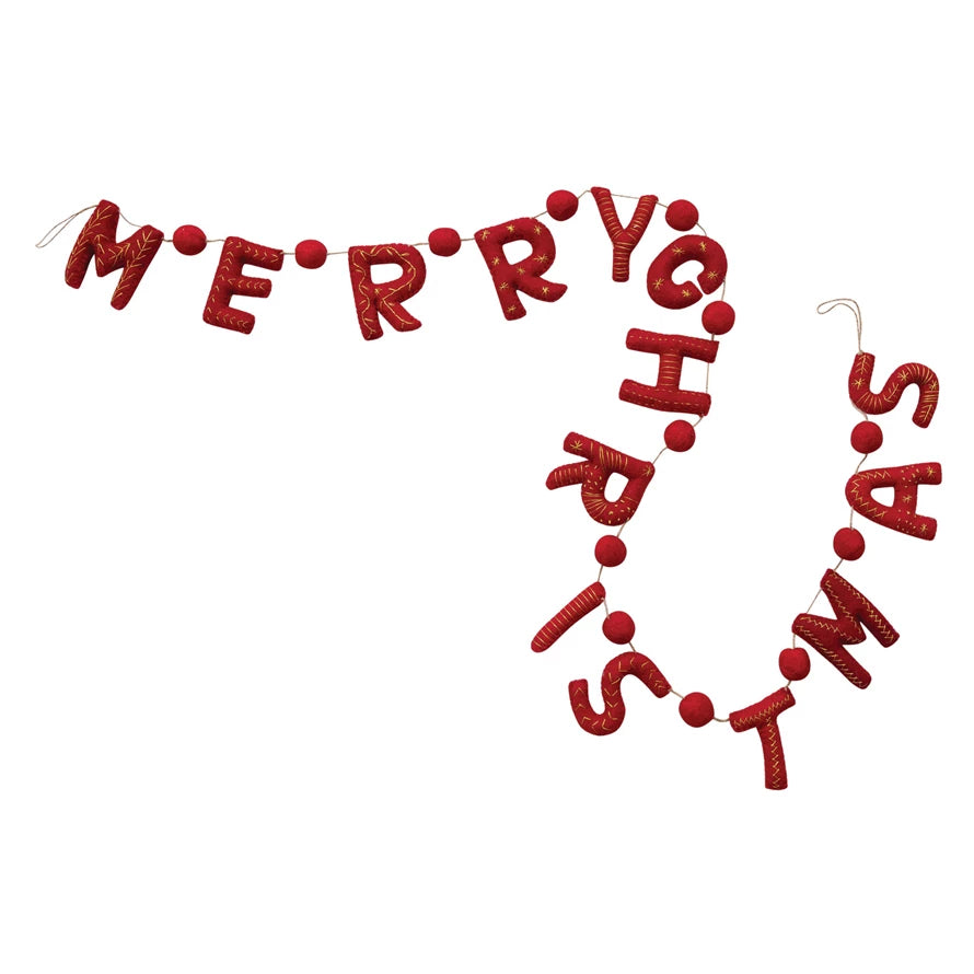 Merry Christmas Wool Garland w/Gold
