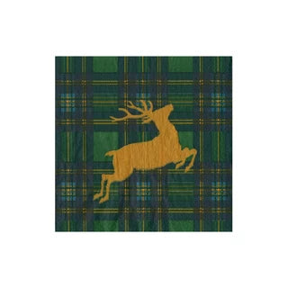 Green Tartan Reindeer Cocktail Napkin