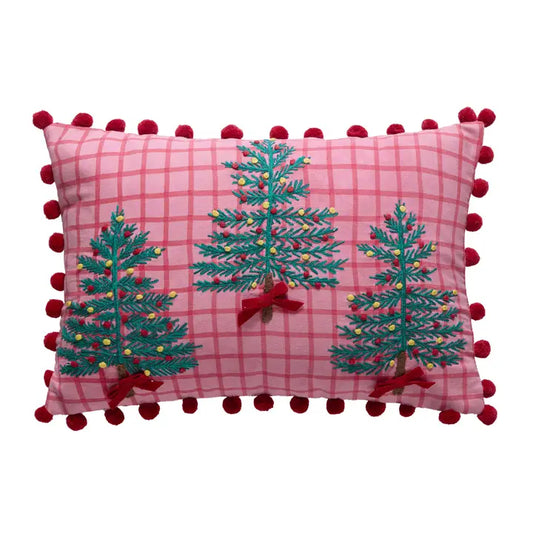 Pink Plaid Trees w/ Poms Pillow