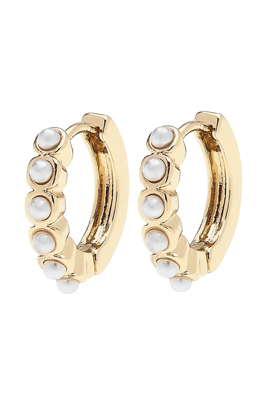 Blakely Pearl Studded Mini Huggie Hoop Earrings in Ivory