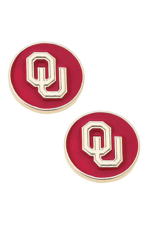 Oklahoma Sooners Logo Circle Stud Earrings in Crimson/Shiny Gold