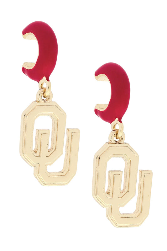 Oklahoma Sooners Logo Huggie Hoop Earrings in Crimson/Shiny Gold