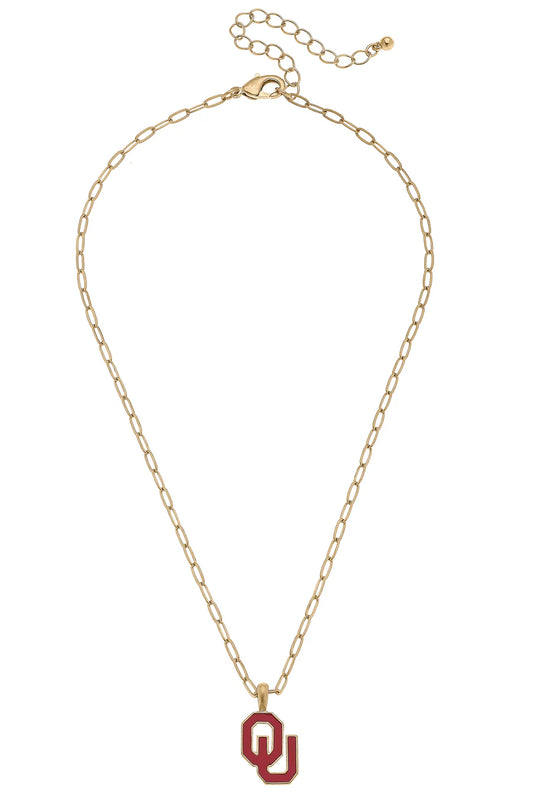 Oklahoma Sooners Enamel Pendant Necklace in Shiny Gold