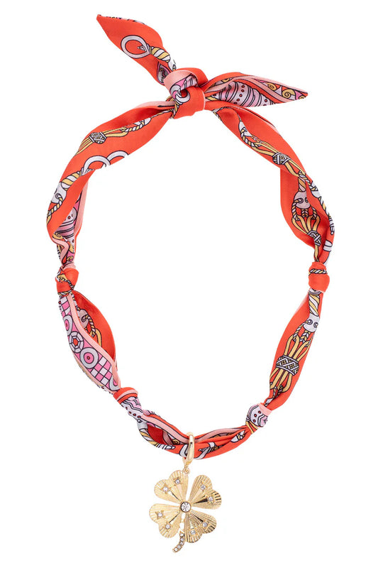 Briar Pave Clover Scarf Necklace in Coral/Light Pink/White