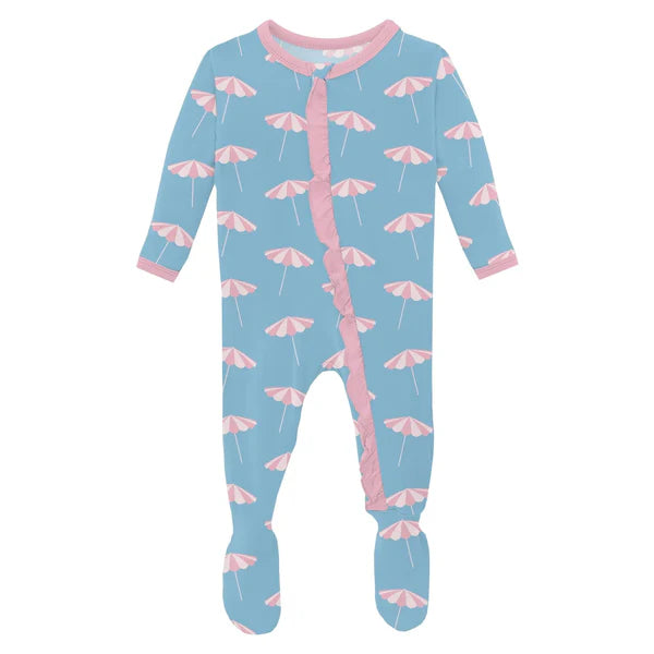 Seaside Blue Beach Umbrella Layette Ruffle Footie