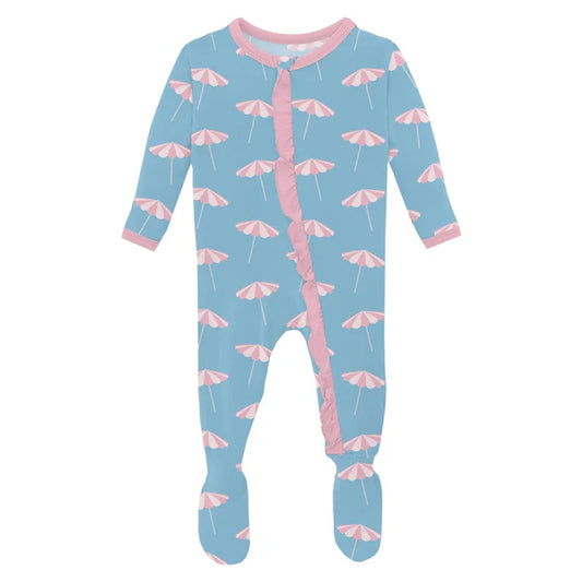 Seaside Blue Beach Umbrella Layette Ruffle Footie