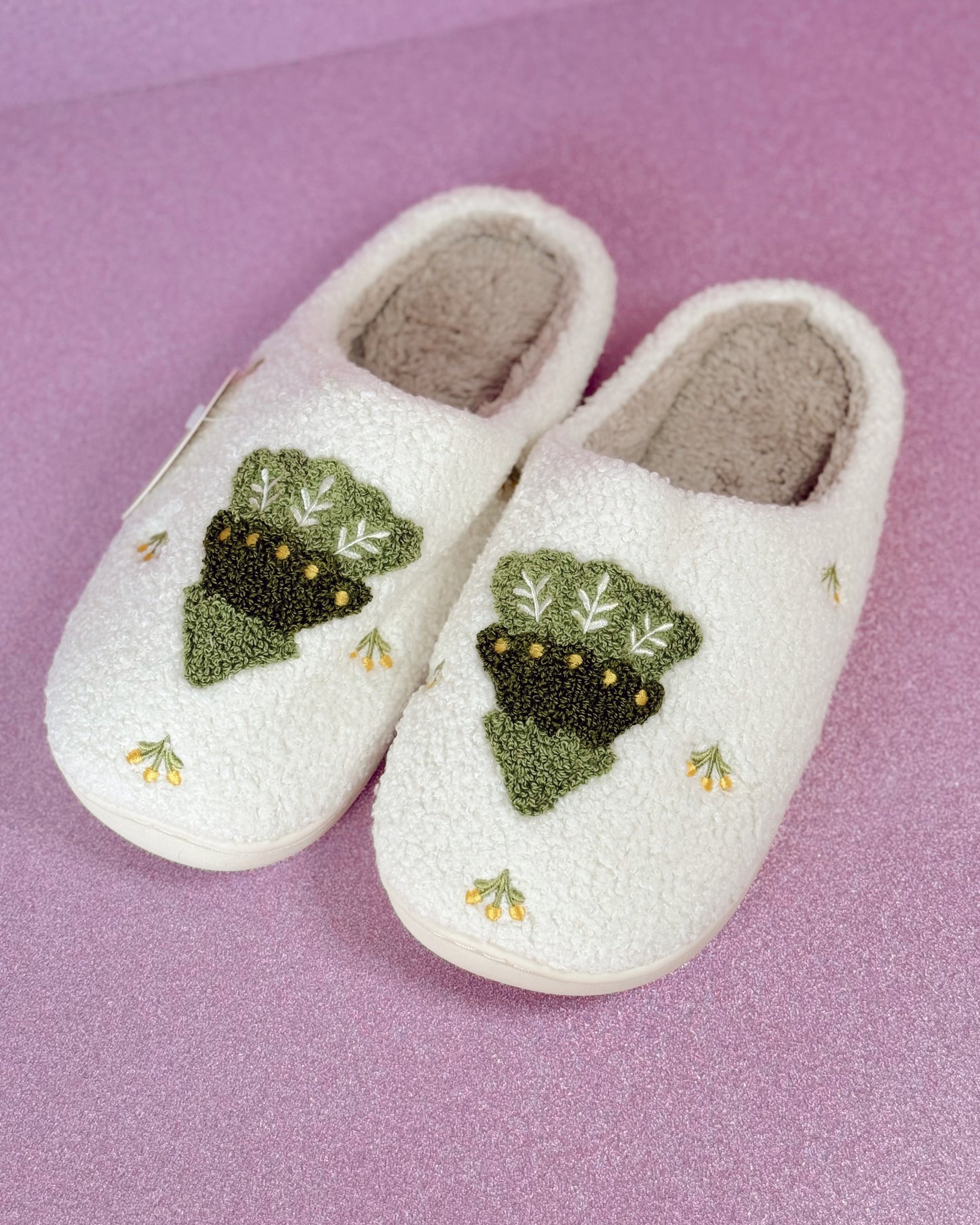 white and green christmas tree slippers