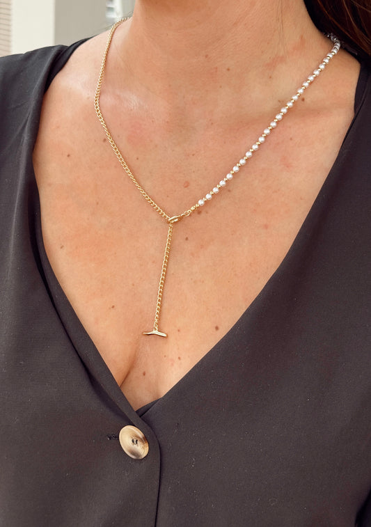 Asymmetric Pearl & Chain Toggle Necklace