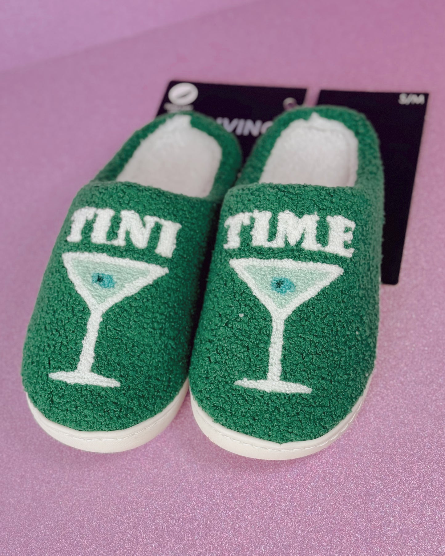 christmas cocktail slippers in green and white.