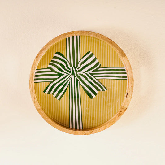 Holiday Green Bow Wood Enamel Tray