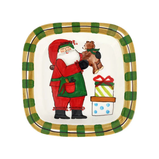 Old St. Nick Small Rimmed Square Platter with Teddy Bear