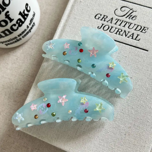 Blue Starfish Rhinestones Acetate Hair Clip