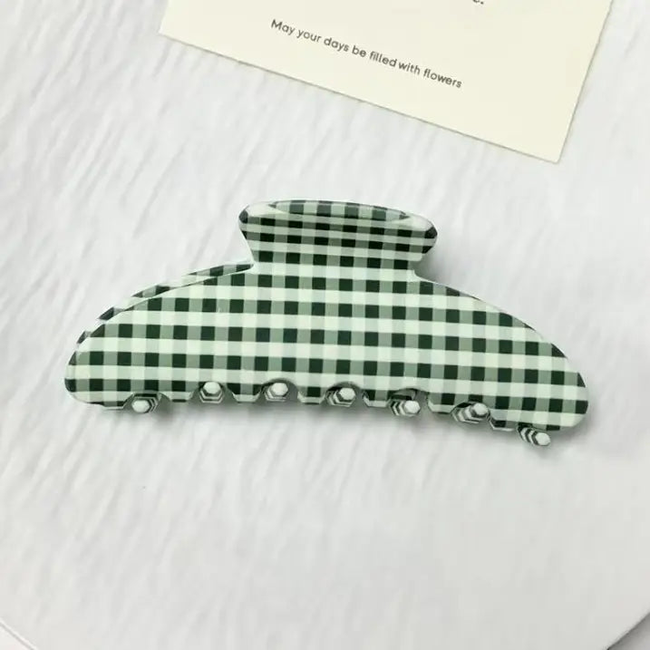 Minimalist Green White Gingham Check Hair Claw