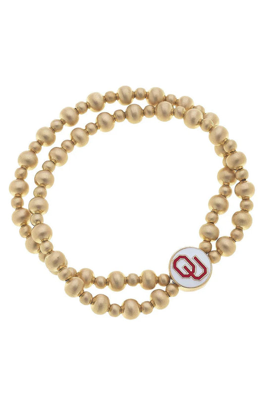 Oklahoma Sooners 2-Row Ball Bead Stretch Bracelet in Satin Gold