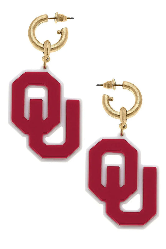 Oklahoma Sooners Resin Logo Drop Hoop Earrings in Crimson