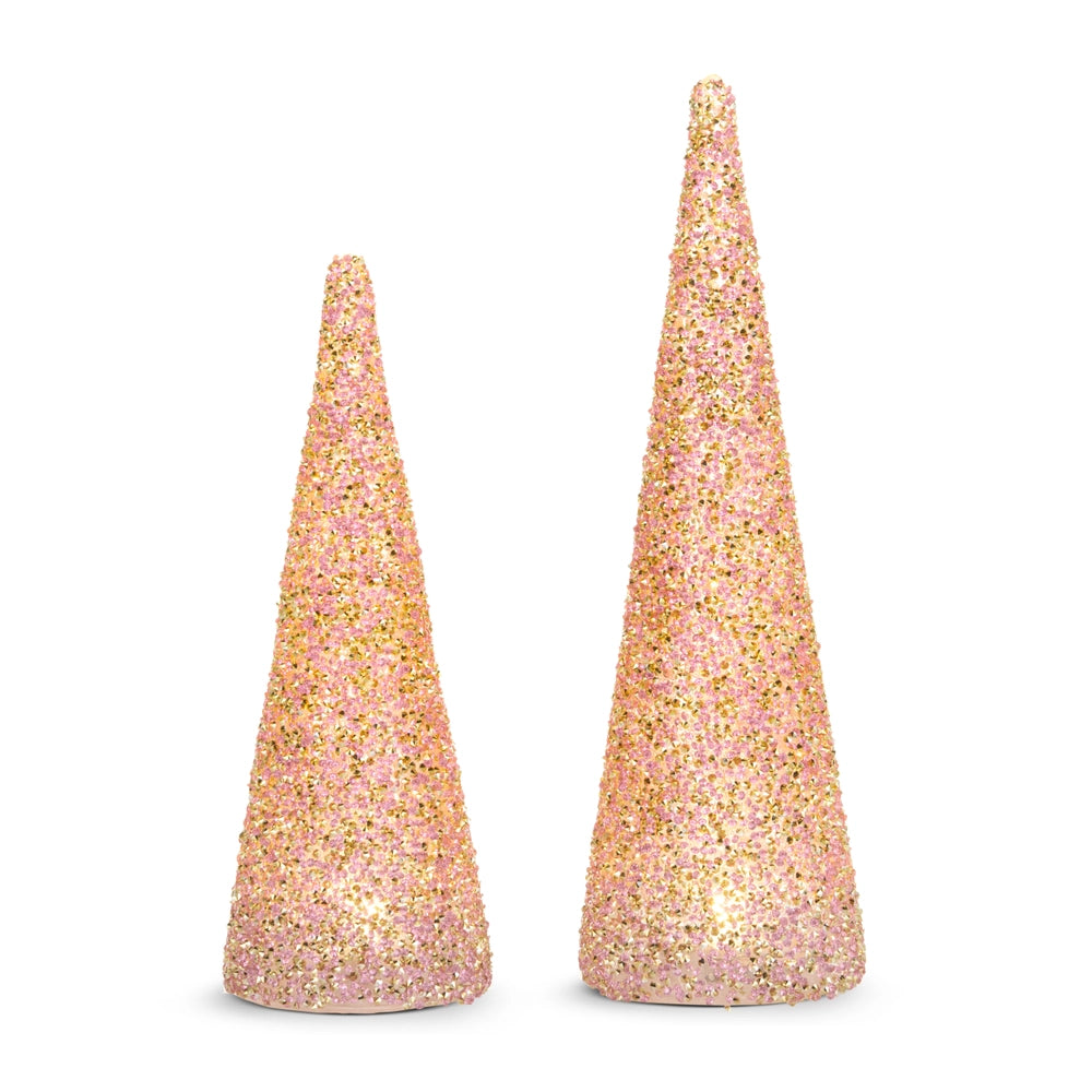 12" Lighted Beaded Cone Tree Set of 2