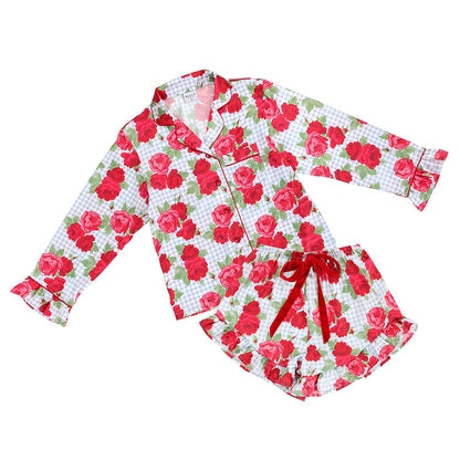 Blue Gingham + Red Roses Ruffled Short PJ Set with Velvet Tie