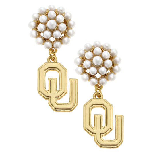 Oklahoma Sooners Pearl Cluster 24K Gold Plated Logo Earrings